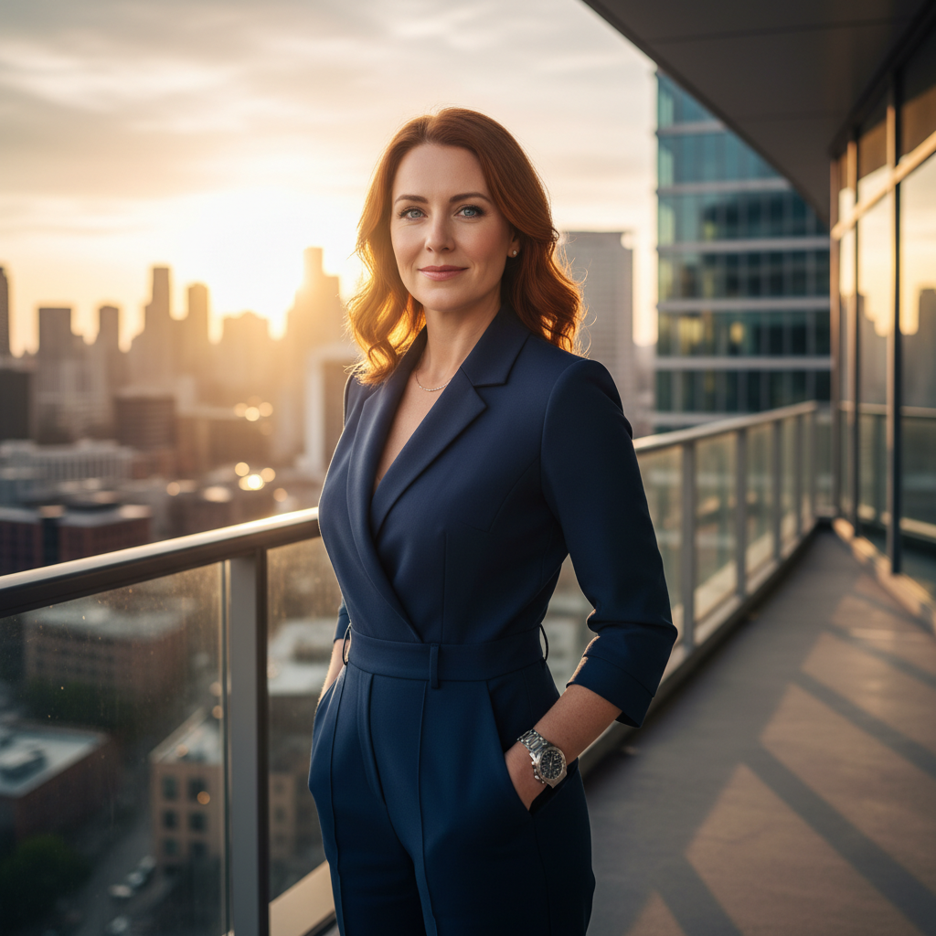 מודל אישה, אוברול מחויט כחול כהה, שעון יוקרתי, רקע מרפסת עסקית אורבנית עם נוף פנורמי לעיר, תאורת שקיעה מחמיאה, אווירה עוצמתית ושאפתנית.התמונה תכיל רק אדם אחד.