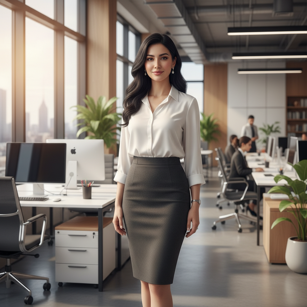 מודל אישה, לבוש אלגנטי-עסקי: חולצת משי לבנה, חצאית עיפרון כהה, עגילים צמודים. רקע: חלל עבודה מודרני מואר, תאורת יום טבעית חזקה, אווירה דינמית ומקצועית.התמונה תכיל רק אדם אחד.