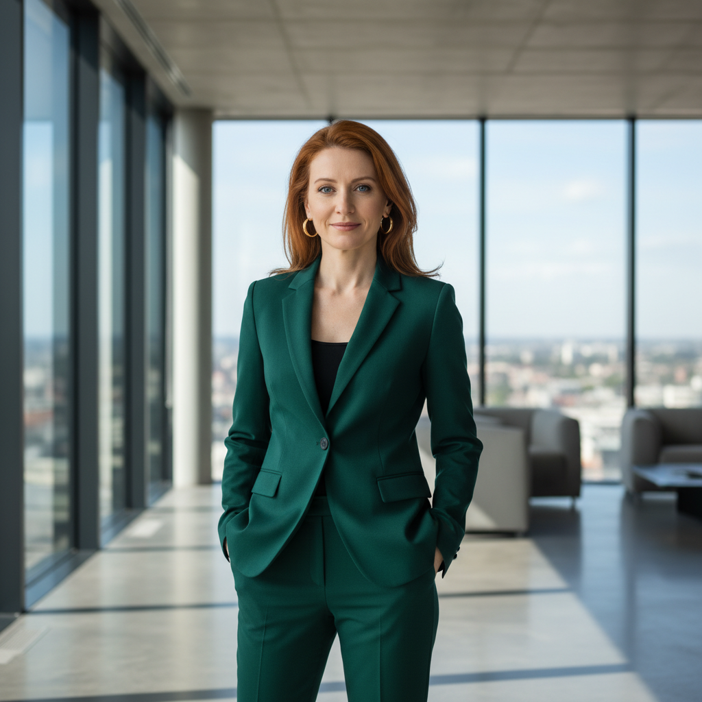 מודל אישה, חליפת מכנסיים מחויטת בגוון ירוק אמרלד עמוק עם טקסטורה עדינה, עגילים צמודים מזהב. רקע: חלל אדריכלי מודרני עם חלונות גדולים ונוף עיר מטושטש, תאורת יום טבעית מבריקה, אווירה עוצמתית ויוקרתית. התמונה תכיל רק אדם אחד.התמונה תכיל רק אדם אחד.