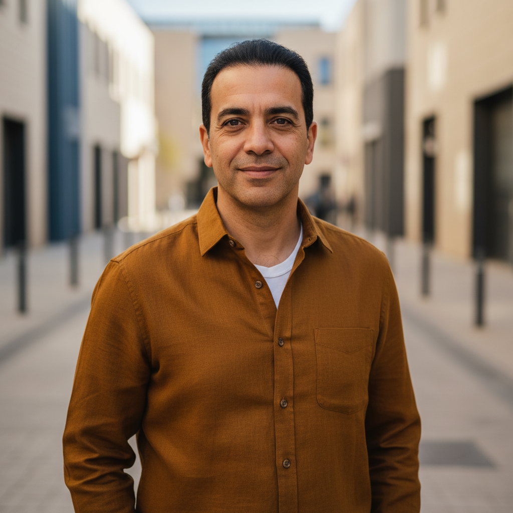 מודל גבר, לבוש חולצה מכופתרת איכותית בצבעי אדמה עמוקים, עם טקסטורת פשתן עדינה, על רקע פנים ירושלמי עכשווי ונקי, בתאורה רכה וממוקדת המדגישה ניסיון ואמינות.התמונה תכיל רק אדם אחד.