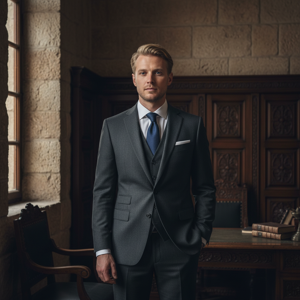 מודל גבר, לבוש חליפת שלושה חלקים צמר אפור פחם, עניבה משי כהה ומטפחת כיס מוקפדת, ניצב בפנים מבנה ירושלמי קלאסי עם קירות אבן כהה ועץ מגולף, בתאורת חלון רכה ודרמטית המדגישה עומק אינטלקטואלי ונוכחות.התמונה תכיל רק אדם אחד.