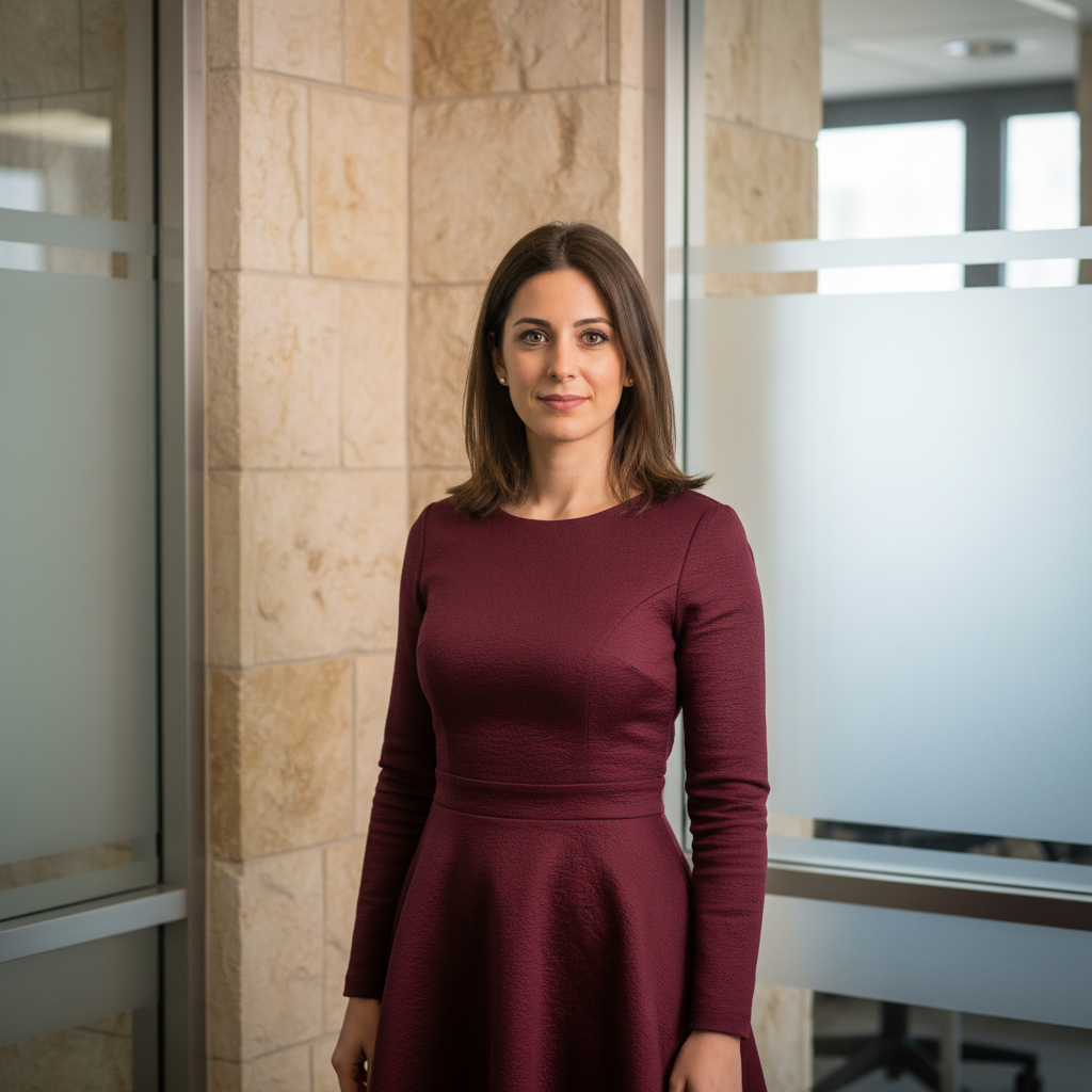 מודל אישה, לבושה שמלת עסקים אלגנטית בצבע בורדו עמוק, בעלת מרקם עשיר, עומדת על רקע פינת עבודה מודרנית עם נגיעות אבן ירושלמית, בתאורה רכה וממוקדת המדגישה ניסיון ונוכחות.התמונה תכיל רק אדם אחד.