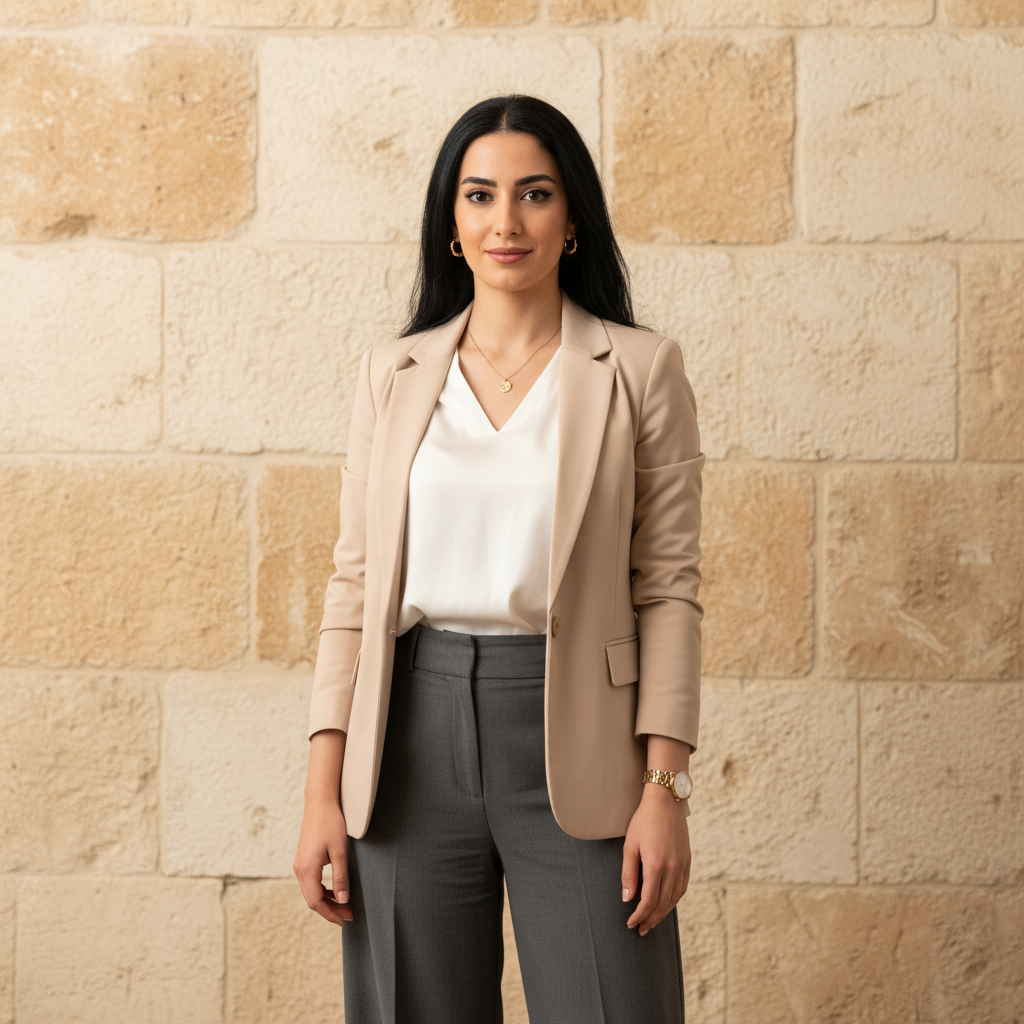 מודל אישה, לבושה בלייזר מחוייט בצבע בז' בהיר, חולצה לבנה, מכנסיים אלגנטיים ואביזרים עדינים, עומדת על רקע קיר אבן ירושלמית במראה נקי ומודרני, בתאורת סטודיו בהירה המעבירה מקצועיות וניסיון.התמונה תכיל רק אדם אחד.