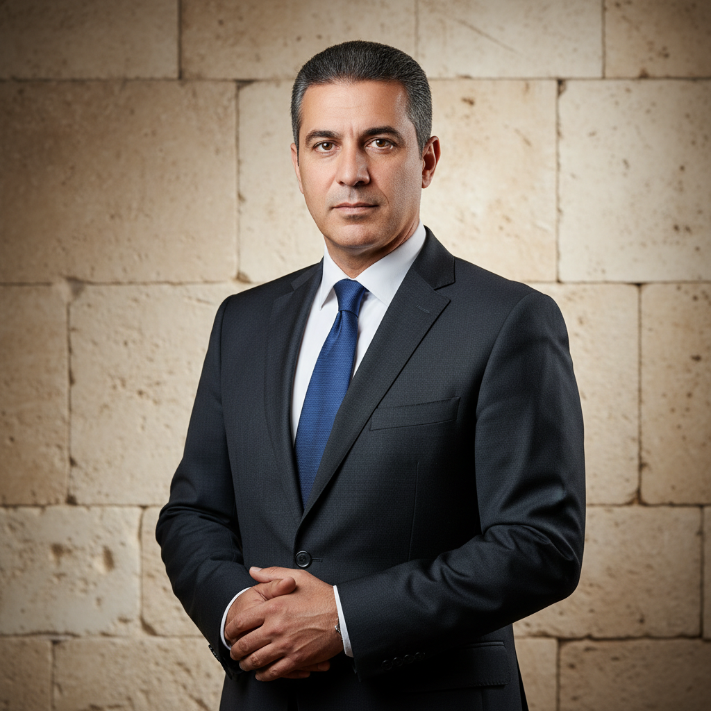 מודל גבר, לבוש חליפה כהה, עומד מול רקע אבן ירושלמית, בתאורה מקצועית המדגישה סמכות.התמונה תכיל רק אדם אחד.