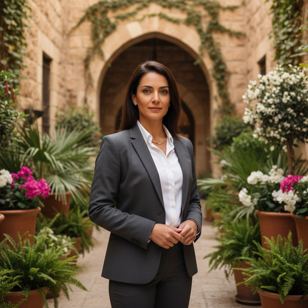 מודל אישה, לבושה חליפת מכנסיים מחויטת בצבע אפור-פחם, חולצה מכופתרת לבנה, תכשיטים מינימליים, עומדת בחצר פנימית ירושלמית אלגנטית עם אבן חשופה ועציצים ירוקים, באור יום רך המדגיש מקצועיות וניסיון.התמונה תכיל רק אדם אחד.