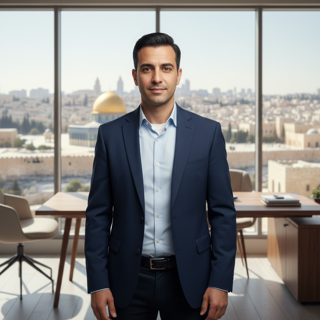 מודל גבר, לבוש ז'קט נייבי מעל חולצה בהירה בסגנון סמארט-קז'ואל, עומד בחלל משרדי מודרני עם נוף ירושלמי מטושטש דרך חלון גדול, תאורת יום טבעית המעבירה מקצועיות ונוכחות.התמונה תכיל רק אדם אחד.