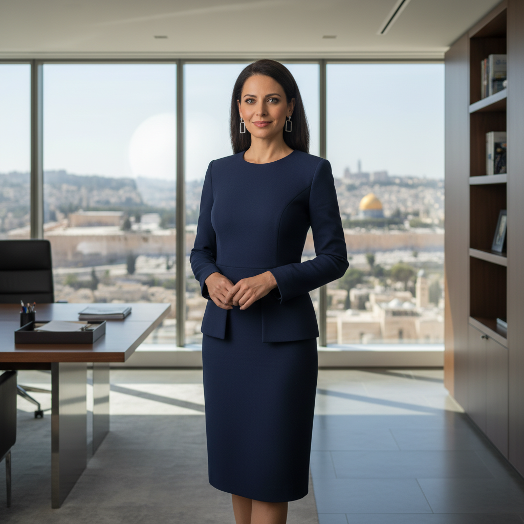 מודל אישה, לבושה שמלת מידי מחויטת כחול נייבי מבד מט, עגילים צמודים; רקע: פנים משרד יוקרתי ומודרני, חלונות גדולים המשקיפים לנוף ירושלמי מרוחק; תאורת יום בהירה, אווירת ביטחון ומנהיגות.התמונה תכיל רק אדם אחד.