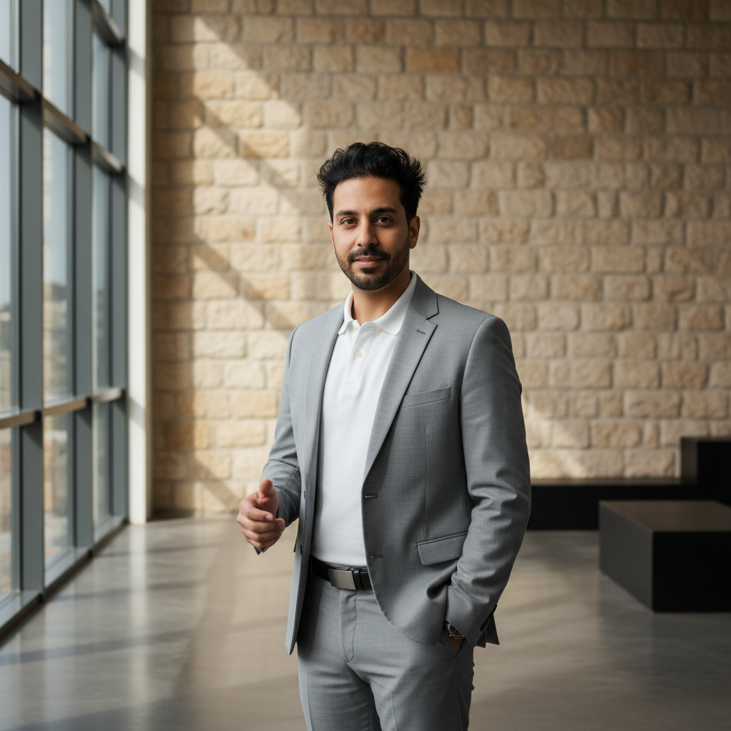 מודל גבר, לבוש ז'קט מחויט בצבע אפור בהיר מעל חולצת פולו לבנה נקייה, ניצב בסטודיו מודרני מואר היטב עם קיר אבן ירושלמית חשוף, בתאורת יום רכה המדגישה יצירתיות ודינמיות. התמונה תכיל רק אדם אחד.התמונה תכיל רק אדם אחד.
