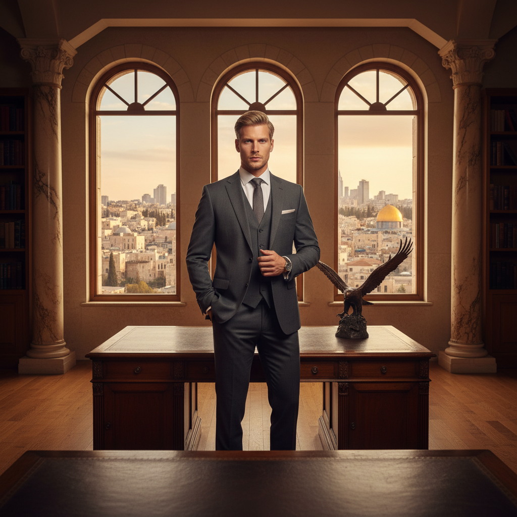מודל גבר, לבוש חליפת שלושה חלקים אפורה כהה עם עניבה תואמת, עומד בחדר אלגנטי עם חלונות קשת המשקיפים על נוף ירושלמי אורבני עשיר, בתאורת אולפן חמימה המדגישה יזמות ומנהיגות.התמונה תכיל רק אדם אחד.
