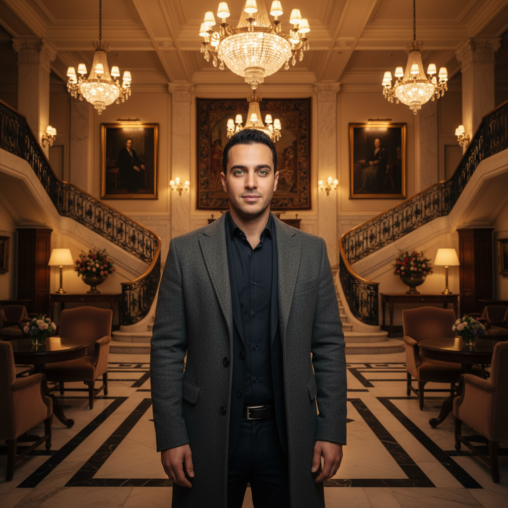 מודל, גבר, לבוש מעיל צמר אלגנטי בצבע אפור-פחם מעל חולצה מכופתרת כהה, עומד בלובי מלון יוקרתי קלאסי, מואר על ידי נברשות זהב, עם מדרגות שיש מרשימות ברקע, אווירה דרמטית, חמה ויוקרתית.התמונה תכיל רק אדם אחד.