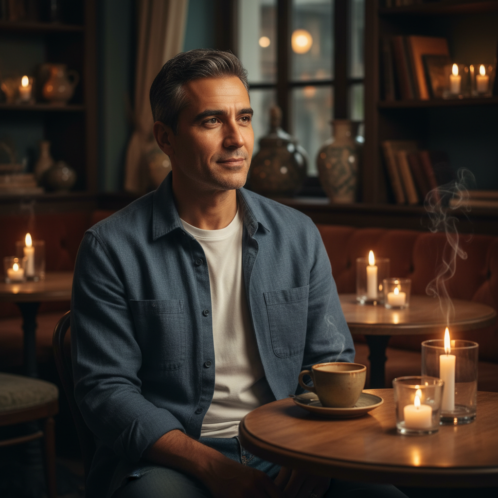 מודל, גבר, לבוש חולצה מכופתרת פתוחה מעל טישירט איכותית, בצבעי אפור-כחול, יושב בבית קפה בוטיק מואר באור עמום של שעת ערב, עם תאורת נרות, אווירה חמה ואינטימית.התמונה תכיל רק אדם אחד.
