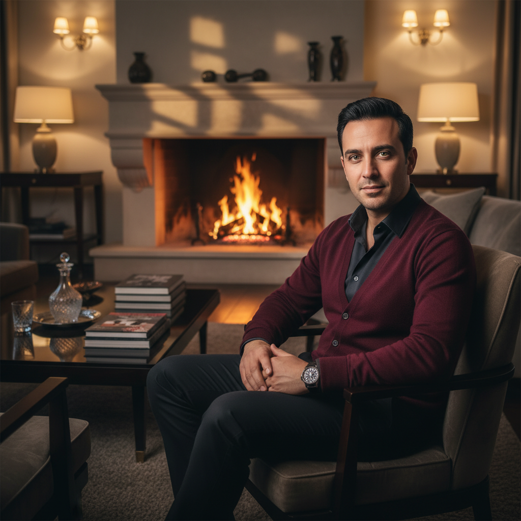 המודל, גבר, לבוש חולצה מכופתרת כהה אלגנטית ומעליה סריג קשמיר רך בצבע בורדו, יושב בסלון מעוצב עם אח בוער, תאורה עדינה ואווירה חמה ורומנטית.התמונה תכיל רק אדם אחד.