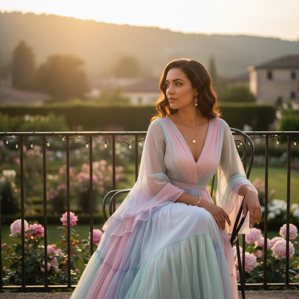 מודל, אישה, לבושה שמלה ארוכה, עדינה וזורמת בצבעי פסטל בהירים, עם תכשיטים מינימליסטיים, יושבת על מרפסת מעוצבת המשקיפה לגן פורח בשעת בין ערביים, בתאורה רכה וזהובה ואווירה חלומית, שקטה ורומנטית.התמונה תכיל רק אדם אחד.