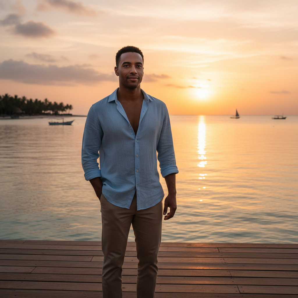 מודל, גבר, בלבוש קז'ואל אלגנטי, חולצת פשתן בהירה פתוחה ומכנסיים בצבע חול, עומד על דק עץ מול ים שקט בשקיעה זהובה, בתאורה טבעית חמה ובאווירה שלווה ורומנטית.התמונה תכיל רק אדם אחד.