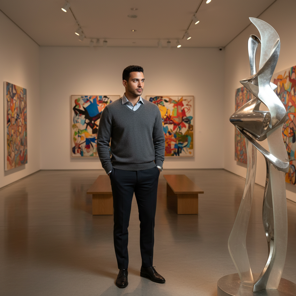 מודל, גבר, לבוש סריג גולף בצבע פחם ומכנסיים כהים בגזרה צרה, עומד בגלריה לאמנות מודרנית מוארת בפנסי ספוט רכים, אווירה מתוחכמת ורומנטית.התמונה תכיל רק אדם אחד.