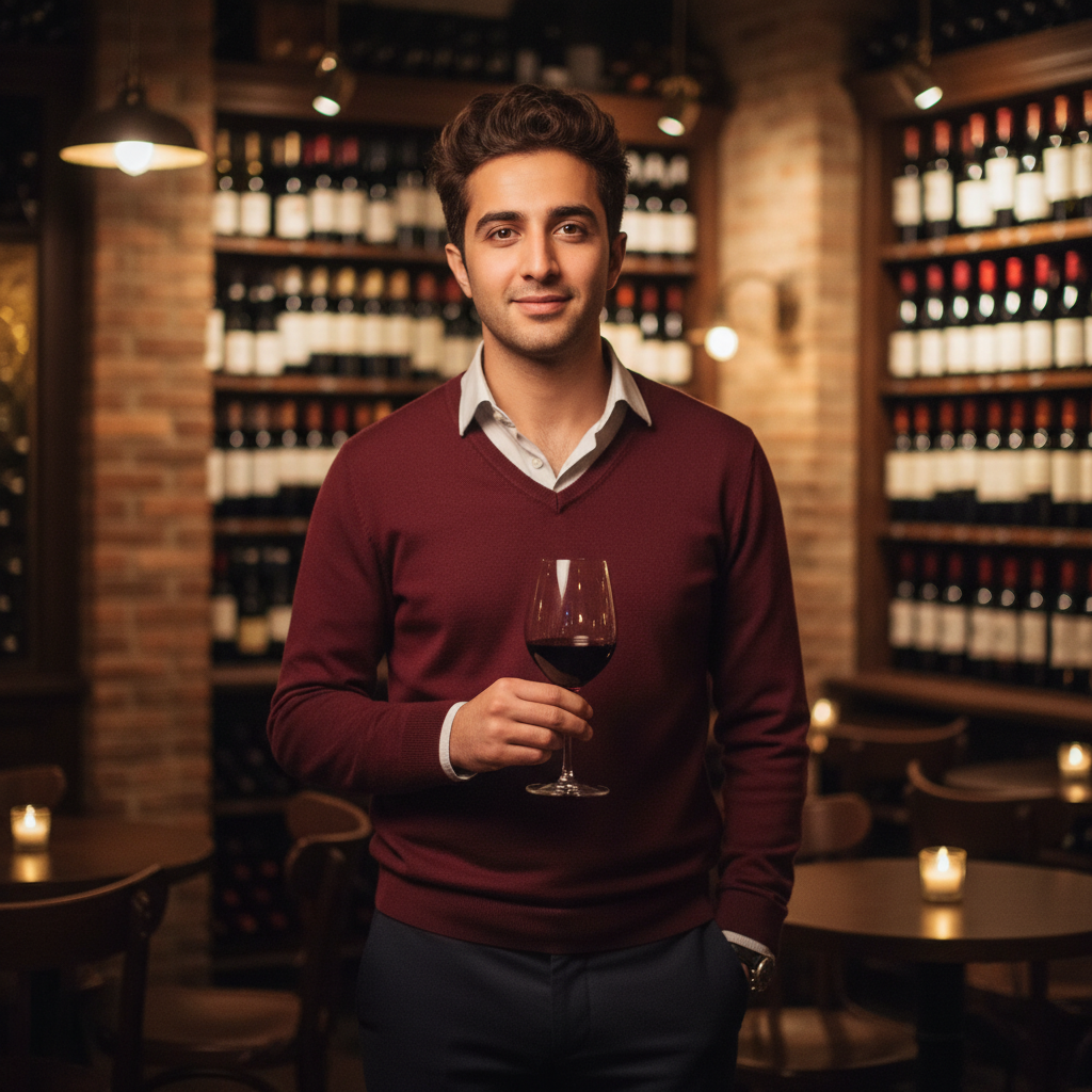 מודל, גבר, לבוש חולצה מכופתרת פתוחה בצווארון, סוודר דק בצבע יין ומכנסי צ'ינו כהים, עומד בבר יין אינטימי עם תאורה עמומה, רקע בקבוקי יין מוארים ואווירה חמה, מתוחכמת ורומנטית.התמונה תכיל רק אדם אחד.