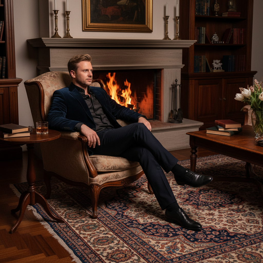מודל, גבר, לבוש ז'קט קטיפה כחול עמוק, חולצת משי שחורה ומכנסיים כהים, יושב ליד אח בוערת בחדר סלון מפואר, מואר באור חם ורך של האש, אווירה אינטימית, יוקרתית ונינוחה.התמונה תכיל רק אדם אחד.