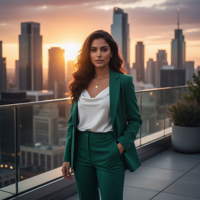 מודל אישה, חליפת מכנסיים מחויטת ירוק מרווה, גופיית משי לבנה, שרשרת תליון מינימליסטית. עומדת על גג בניין גבוה בשקיעה, נוף אורבני מואר זהוב, אווירה אלגנטית ומתוחכמת.התמונה תכיל רק אדם אחד.