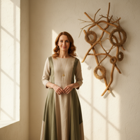 המודל, אישה, שמלת מידי אלגנטית בצבעים טבעיים (בז', ירוק זית), תכשיטי מינימל, על רקע סטודיו בהיר עם קיר מרקם ואלמנט אמנותי, תאורת יום עדינה, אווירה שלווה ומעוררת השראה.התמונה תכיל רק אדם אחד.