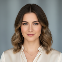 מודל (אישה) בפורטרט תקריב מקצועי, הבעה בטוחה ונגישה, חיוך עדין, לבושה בחולצת משי אלגנטית בגוון שמנת עם תכשיט צוואר מינימליסטי, על רקע אחיד ורך בגוון אפור-כחלחל מטושטש עדינות, בתאורה טבעית מפוזרת היוצרת אווירה מוארת ומקצועית.התמונה תכיל רק אדם אחד.