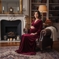 המודל ההרה, בשמלת קטיפה בורדו עמוק רפויה, יושבת בכורסת עור בסלון יוקרתי, מוארת באור עדין ליצירת אווירה חמה ואינטימית.התמונה תכיל רק אדם אחד.