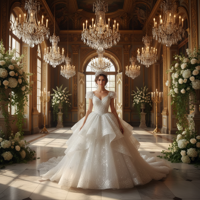 המודל, בשמלת כלה לבנה, נפוחה מטורל ונוצצת, טיארה מלכותית, עומדת באולם נשפים מפואר בטירה, תאורה חמה ודרמטית של נברשות, אווירה מלכותית מהאגדות.התמונה תכיל רק אדם אחד.