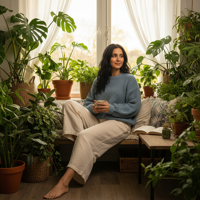 מודל (אישה), לבושה בסוודר צ'אנקיי סרוג רך בגוון תכלת-אפרפר, מכנסיים רחבים מכותנה בהירה, יושבת בפינת קפה ביתית עם שפע צמחים, מוארת באור טבעי מפוזר, אווירה חמה ונינוחה.התמונה תכיל רק אדם אחד.