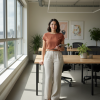 המודל (אישה) לבושה בסגנון סמארט-קז'ואל: מכנסי פשתן רחבים בצבע אבן, טופ מחוייט בטון אדמה וחגורה מינימליסטית, בסביבת משרד מודרני מואר באור טבעי, אווירה נינוחה ומקצועית.התמונה תכיל רק אדם אחד.