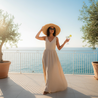 מודל אישה בשמלת פשתן יוקרתית בהירה, כובע קש רחב שוליים ומשקפי שמש אופנתיים; טרסה של מלון בוטיק עם נוף ים אינסופי, תאורת שמש זהובה, אווירת חופש, שלווה ושפע.התמונה תכיל רק אדם אחד.