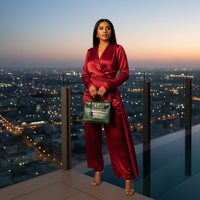 מודל אישה באוברול משי יוקרתי בגוון רובי, עקבים, תיק מעצבים; גג בניין עם בריכת אינסוף, נוף אורות עיר מנצנצים; תאורת ערב עשירה, אווירת יוקרה אורבנית, ביטחון.התמונה תכיל רק אדם אחד.