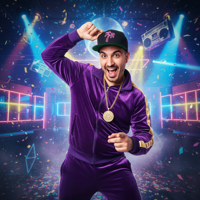 מודל גבר, חליפת טרנינג קטיפה נוצצת, שרשרת זהב, כובע מצחייה, במועדון לילה שנות ה-80, אורות ניאון, תאורה צבעונית, אווירה פרועה וקומית.התמונה תכיל רק אדם אחד.