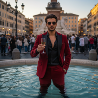 מודל גבר, חליפת קטיפה אדומה, חולצת משי שחורה, משקפי שמש אופנתיים, בתוך מזרקה רומית בכיכר אירופאית הומה, תאורת ערב דרמטית, אווירה יוקרתית ופרועה.התמונה תכיל רק אדם אחד.