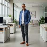 מודל גבר בלבוש עסקי-קז'ואל חדשני, חולצה מכופתרת פתוחה לצווארון עם טי-שירט לבנה מתחת, מכנסי צ'ינו כהים, על רקע חלל עבודה מודרני ואוורירי, תאורת יום בהירה, אווירה דינמית ונגישה.התמונה תכיל רק אדם אחד.