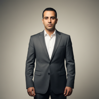 מודל גבר, חליפת עסקים אפורה כהה, חולצה לבנה מכופתרת פתוחה ללא עניבה, רקע סטודיו אפור-בז' בהיר ונקי, תאורת סטודיו עשירה בעומק וגוונים, אווירה סמכותית, מקצועית ואמינה.התמונה תכיל רק אדם אחד.