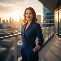 מודל אישה, אוברול מחויט כחול כהה, שעון יוקרתי, רקע מרפסת עסקית אורבנית עם נוף פנורמי לעיר, תאורת שקיעה מחמיאה, אווירה עוצמתית ושאפתנית.התמונה תכיל רק אדם אחד.