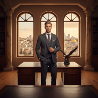 מודל גבר, לבוש חליפת שלושה חלקים אפורה כהה עם עניבה תואמת, עומד בחדר אלגנטי עם חלונות קשת המשקיפים על נוף ירושלמי אורבני עשיר, בתאורת אולפן חמימה המדגישה יזמות ומנהיגות.התמונה תכיל רק אדם אחד.
