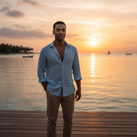 מודל, גבר, בלבוש קז'ואל אלגנטי, חולצת פשתן בהירה פתוחה ומכנסיים בצבע חול, עומד על דק עץ מול ים שקט בשקיעה זהובה, בתאורה טבעית חמה ובאווירה שלווה ורומנטית.התמונה תכיל רק אדם אחד.